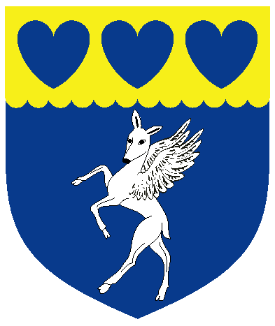 [Azure, a winged doe rampant guardant argent, on a chief invected Or three hearts azure	  ]