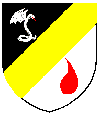 [Per bend sinister sable and argent, a bend sinister Or between a pithon contourny argent and a goutte gules]