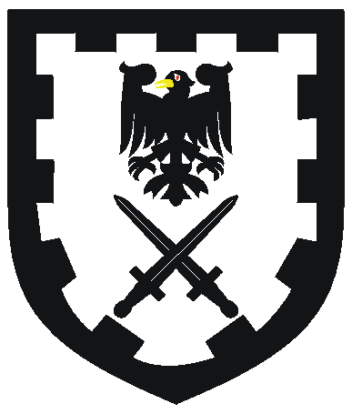 [Argent, in pale a raven displayed and two swords in saltire, a bordure embattled sable]