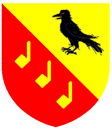 [Per bend Or and gules, a raven sable and three musical notes Or]