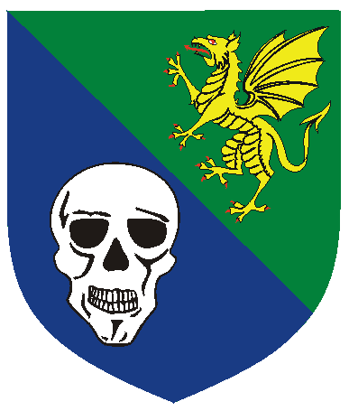 [Per bend vert and azure, a dragon rampant, wings elevated and addorsed, Or and a skull affronty argent]