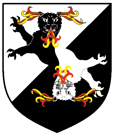 [Per bend sinister argent and sable, a demi-panther guardant and a demi-panther inverted guardant, both issuant from the line of division and counterchanged, incensed proper	  ]