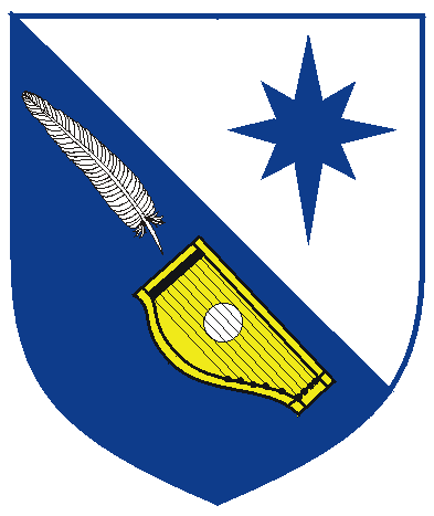 [Per bend argent and azure, a compass-star azure and in bend a feather argent and a fretted zither Or]