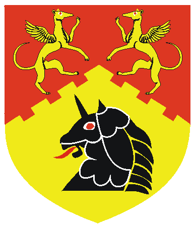 [Per chevron embattled gules and Or, two winged whippets rampant combattant, wings elevated and addorsed, Or and a horse's head, barded and armoured of a unicornate chamfer, sable]