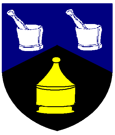 [Per chevron azure and sable, two mortars and pestles argent and an apothecary jar Or]