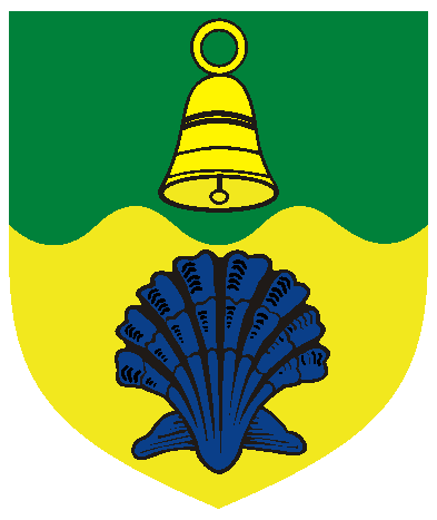 [Per fess wavy vert and Or, a bell Or and an escallop inverted azure]