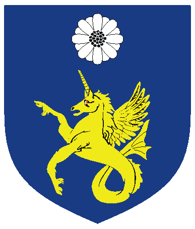 [Azure, in pale a daisy argent seeded sable and a winged sea-unicorn erect, wings elevated and addorsed, Or]