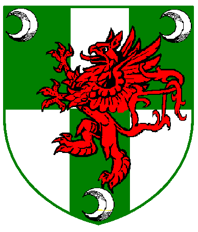 [Party of six vert and argent, a griffin segreant queue-forchy gules between three increscents argent]