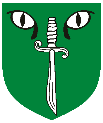 [Vert, a falchion inverted between in chief two cat's eyes argent.]