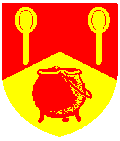 [Per chevron gules and Or, two spoons and a cooking pot counterchanged]