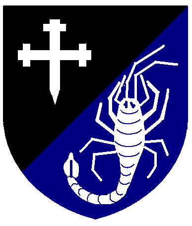 [Per bend sinister sable and azure, a cross crosslet fitchy and a scorpion argent]