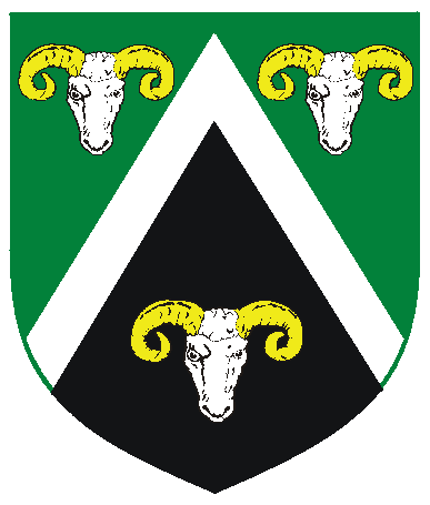 [Per chevron vert and sable, a chevron between three ram's heads cabossed argent horned Or]