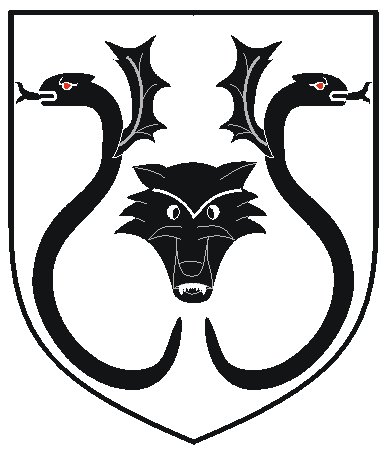 [Argent, a wolf's head cabossed between in fess two pithons erect embowed addorsed sable]