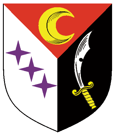 [Per pall gules, argent and sable, in chief a decrescent Or, in dexter in bend three mullets of four points purpure, and in sinister a seax proper]