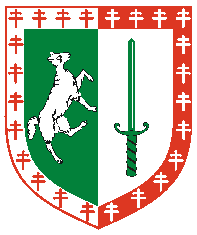 [Per pale vert and argent, a sheep rampant countourny and a sword counterchanged within a bordure per pale argent and gules semy of double-crosses counterchanged]