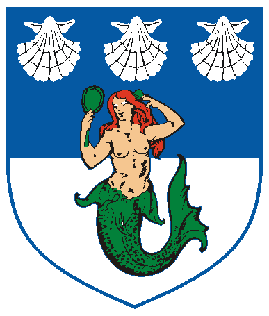 [Per fess azure and argent, a mermaid in her vanity proper crined gules and in chief three escallops argent.]