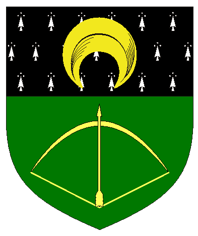 [Per fess counter-ermine and vert, a crescent inverted and a drawn bow fesswise nocked of an arrow Or]
