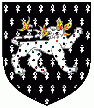[Counter-ermine, a panther passant reguardant to sinister argent, semy of roundels randomly purpure, vert, gules and azure,incensed proper]