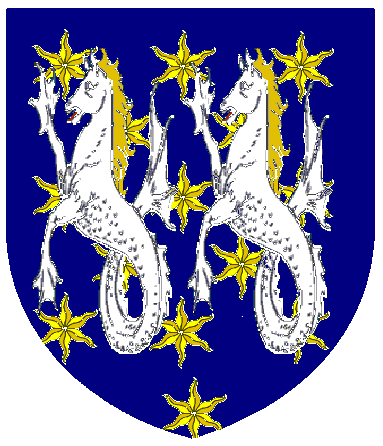 [Azure estoily Or, two seahorses argent maned Or]