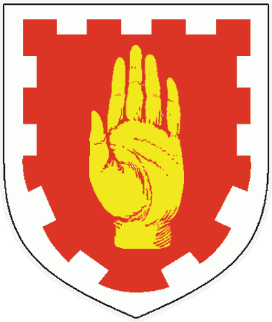 [Gules, a sinister hand Or within a bordure embattled argent. 	  ]