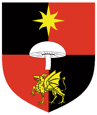 [Quarterly sable and gules, a mushroom couped argent between in pale a compass star of alternately straight and wavy rays and a dragon passant Or	  	  ]