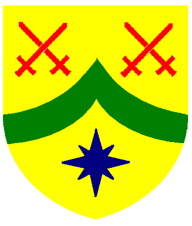 [Or, a chevron ployé vert between two pairs of swords in saltire gules and a compass star azure]