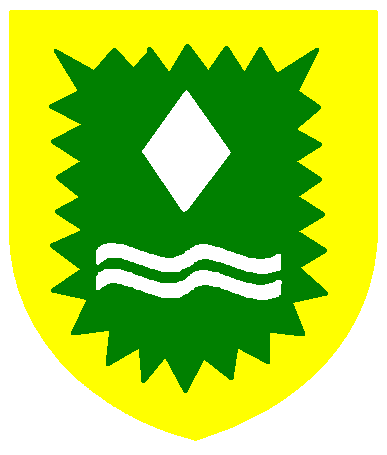 [Vert, in pale a lozenge and two bars wavy couped argent, a bordure indented Or]
