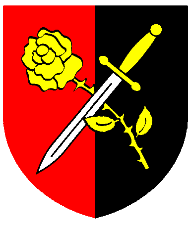 [Per pale gules and sable, in saltire a rose slipped and leaved Or and a dagger inverted proper]