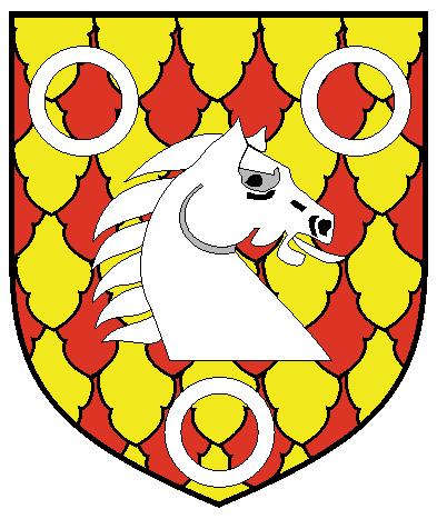 [Plumetty Or and gules, a horse's head, couped and sinister facing, between three annulets argent	  ]