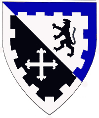 [Per bend argent and sable, a natural panther rampant sable and a cross fleury argent, a bordure embattled per bend purpure and argent	  	  ]