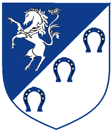 [Per bend sinister azure and argent, a horse salient argent and three horseshoes in bend sinister azure]