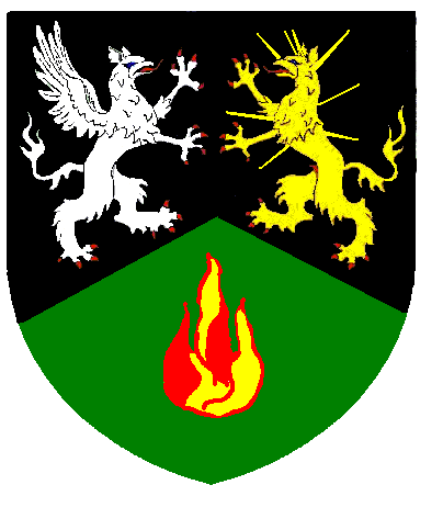 [Per chevron sable and vert, a gryphon argent and a male gryphon Or combattant, in base a flame proper]