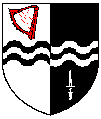 [Per pale argent and sable, two bars wavy counterchanged between in bend a harp gules and a dagger argent]