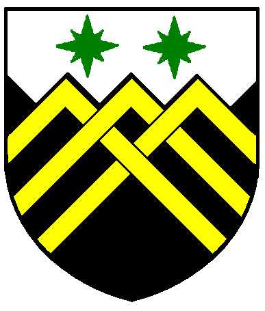 [Sable, three chevronels braced Or and on a chief indented argent two compass stars vert]