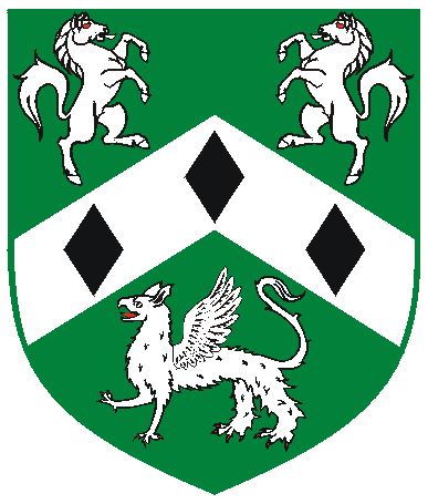 [Vert, on a chevron between two horses combattant and a griffin passant argent three lozenges sable]