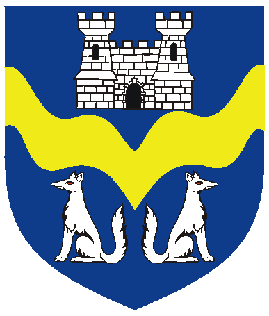 [Azure, a chevron inverted wavy Or between a castle and two foxes sejant addorsed argent]