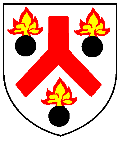 [Argent, a pall inverted couped gules between three grenades sable, enflamed proper]