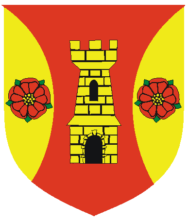 [Gules, a tower between flaunches Or each flaunch charged with a rose proper]