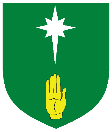 [Vert, in pale a compass star elongated to base argent and a hand Or]