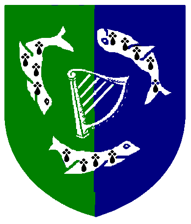 [Per pale vert and azure, a harp contourny argent between three seals naiant in annulo ermine]