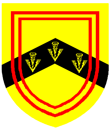 [Or, on a chevron sable three pheons Or, overall a double tressure gules]