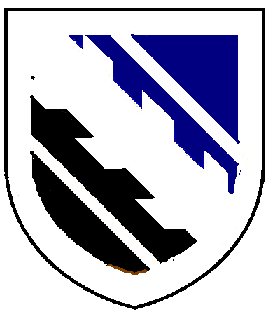 [Per bend azure and sable, a bend raguly, cotised plain within a bordure argent]