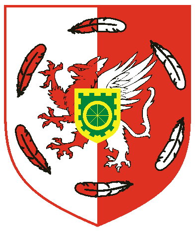 [Per pale argent and gules, a griffin between six feathers in annulo counterchanged and for augmentation, surmounting the griffin on an escutcheon vert, a wheel and a bordure embattled Or  ]