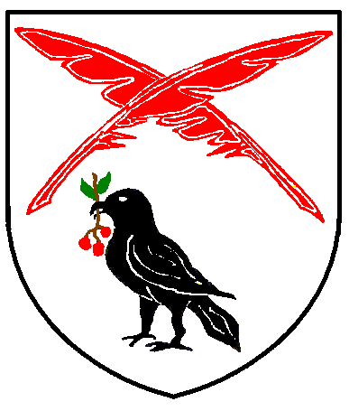 [Argent, in pale two quill pens in saltire gules and a bird sable maintaining in its beak a sprig of cherries proper]