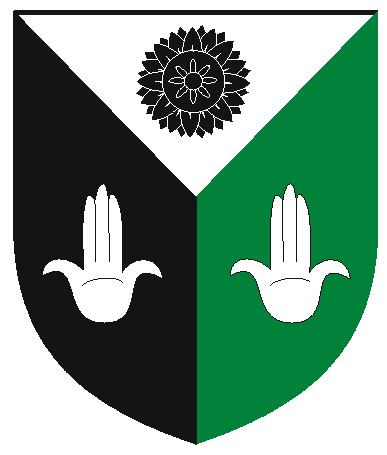 [Per pall argent sable and vert, a lotus flower affronty sable and two hands of Fatima argent]