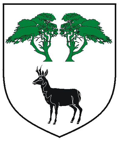 [Argent, two cypress trees couped vert and a natural antelope statant sable]
