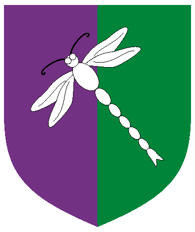 [	  Per pale purpure and vert, a dragonfly bendwise argent.]