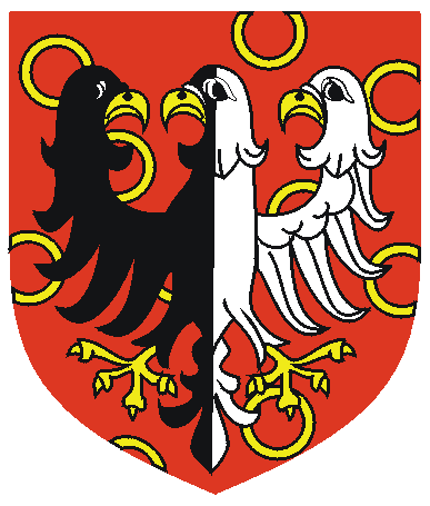 [Gules, semy of annulets Or, a hawk displayed, the tip of each wing terminating in a hawk's head, beak to center, per pale sable and argent]