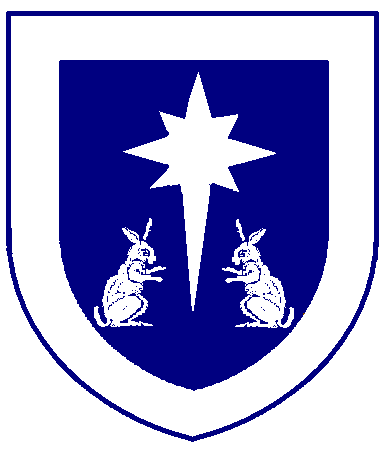 [Azure, a compass-star elongated to base between in base two rabbits sejant erect respectant, a bordure argent]