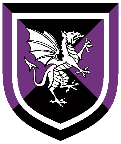 [	  Per saltire sable and purpure, a dragon segreant contourny within an orle argent. ]